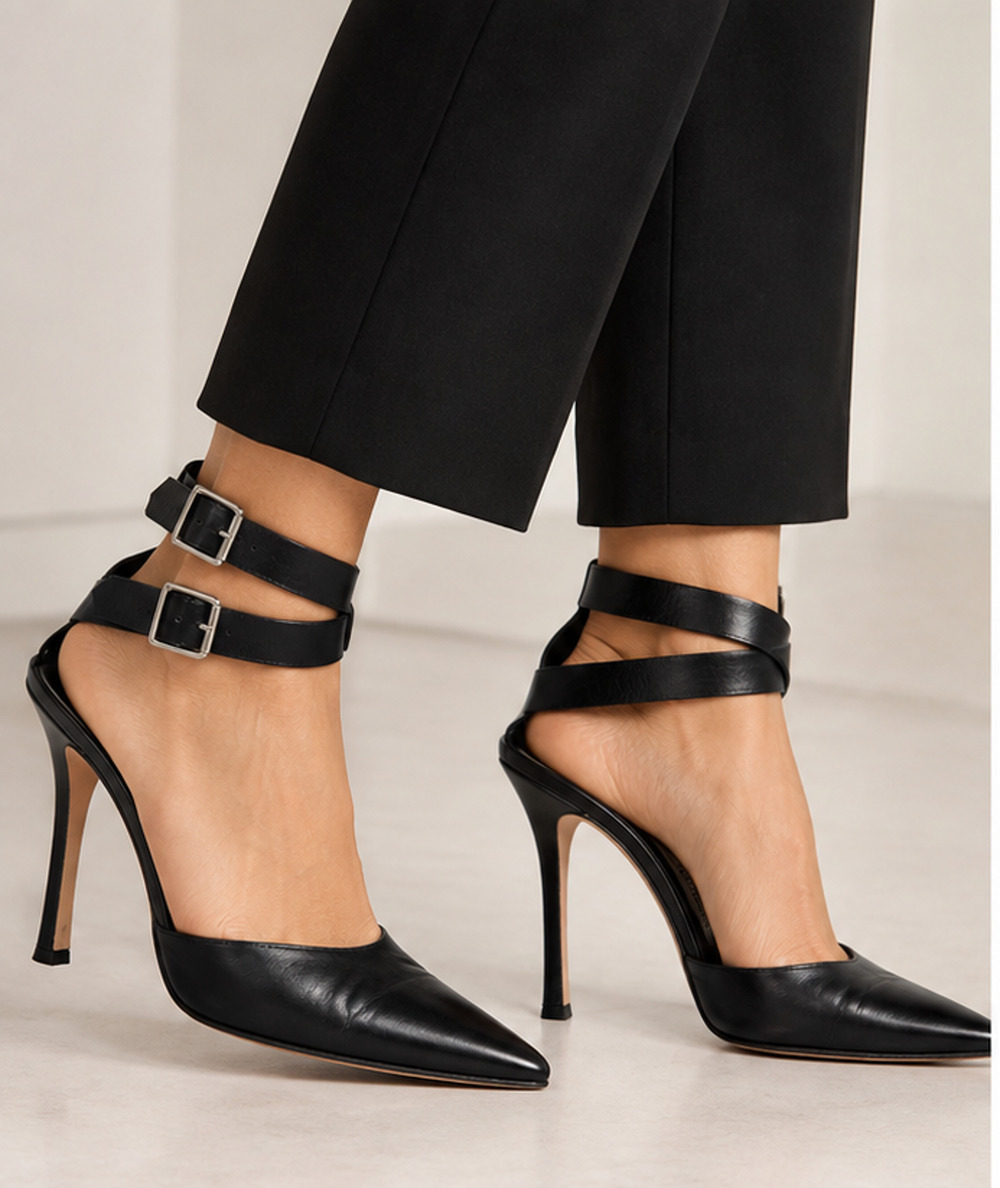 MANOLO BLAHNIK BLACK LEATHER DOUBLE STRAP PUMPS 38 US 8 ITALY AUTHENTIC
